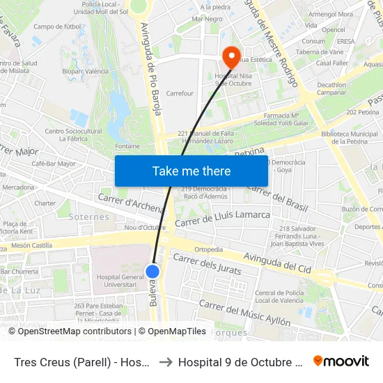 Tres Creus (Parell) - Hospital General to Hospital 9 de Octubre Unipersonal map