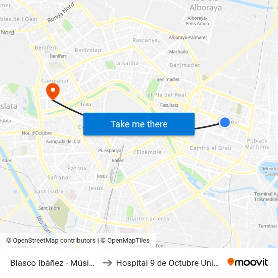 Blasco Ibáñez - Músic Ginés to Hospital 9 de Octubre Unipersonal map