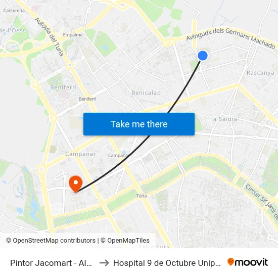 Pintor Jacomart - Alcanyís to Hospital 9 de Octubre Unipersonal map