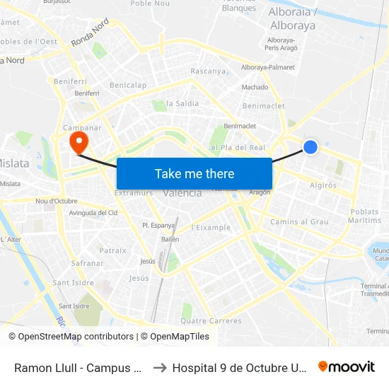 Ramon Llull - Campus Tarongers to Hospital 9 de Octubre Unipersonal map