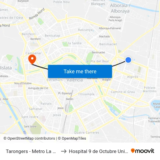 Tarongers - Metro La Carrasca to Hospital 9 de Octubre Unipersonal map