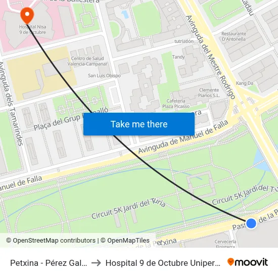 Petxina - Pérez Galdos to Hospital 9 de Octubre Unipersonal map