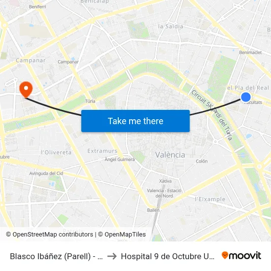 Blasco Ibáñez (Parell) - Hospitals to Hospital 9 de Octubre Unipersonal map