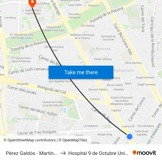 Pérez Galdós - Martínez Aloy to Hospital 9 de Octubre Unipersonal map