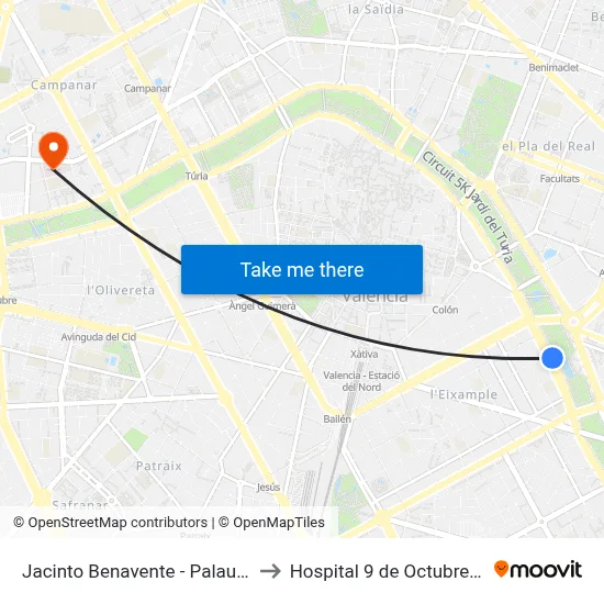 Jacinto Benavente - Palau De La Música to Hospital 9 de Octubre Unipersonal map