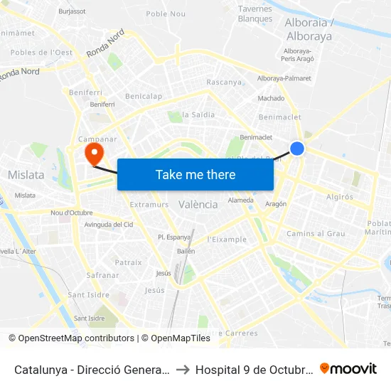Catalunya - Direcció General De Salut Pública to Hospital 9 de Octubre Unipersonal map