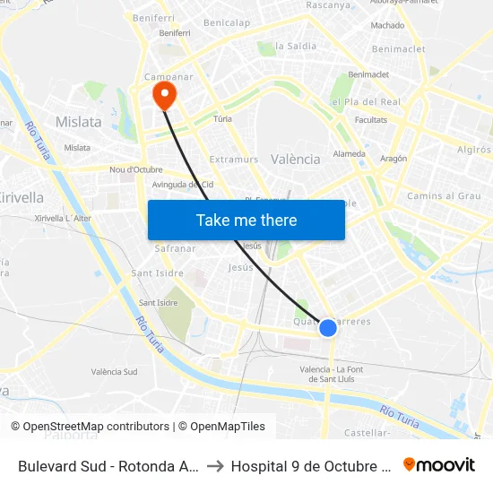 Bulevard Sud - Rotonda Ausiàs March to Hospital 9 de Octubre Unipersonal map