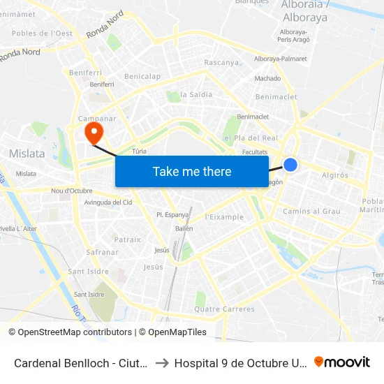 Cardenal Benlloch - Ciutat De Mula to Hospital 9 de Octubre Unipersonal map