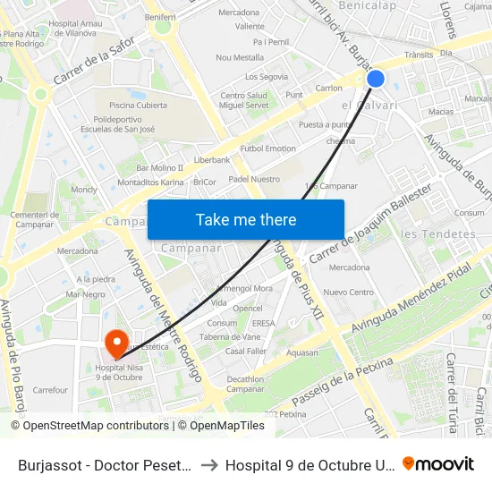 Burjassot - Doctor Peset Aleixandre to Hospital 9 de Octubre Unipersonal map