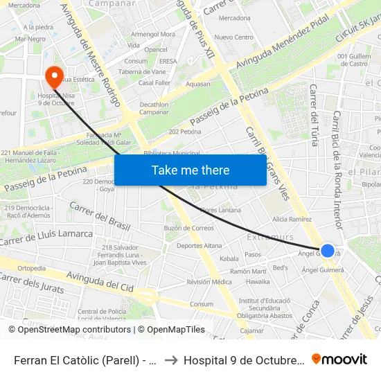 Ferran El Catòlic (Parell) - Àngel Guimerà to Hospital 9 de Octubre Unipersonal map
