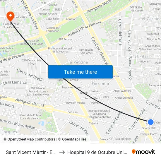Sant Vicent Màrtir - Espanya to Hospital 9 de Octubre Unipersonal map