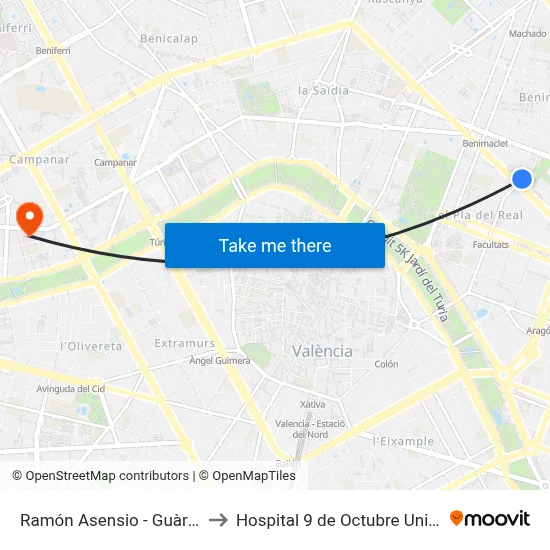Ramón Asensio - Guàrdia Civil to Hospital 9 de Octubre Unipersonal map