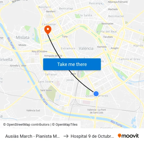 Ausiàs March - Pianista Martínez Carrasco to Hospital 9 de Octubre Unipersonal map