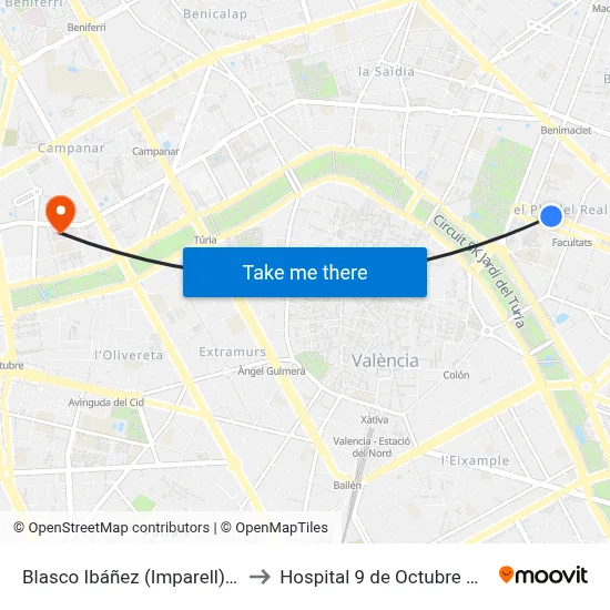 Blasco Ibáñez (Imparell) - Hospitals to Hospital 9 de Octubre Unipersonal map