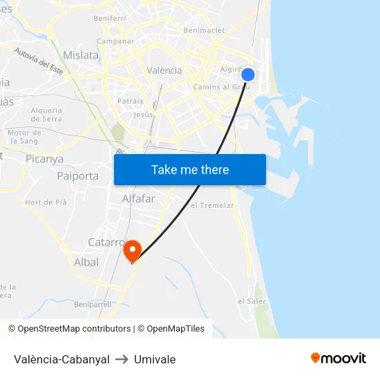 València-Cabanyal to Umivale map