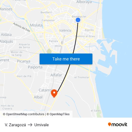 V. Zaragozá to Umivale map