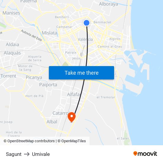 Sagunt to Umivale map