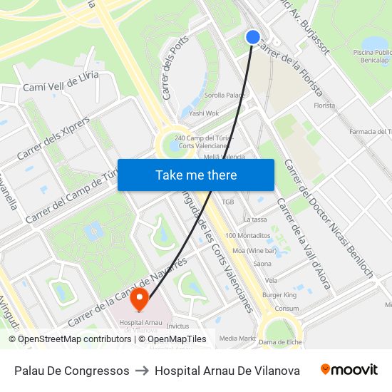 Palau De Congressos to Hospital Arnau De Vilanova map
