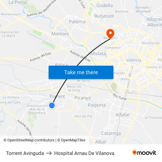 Torrent Avinguda to Hospital Arnau De Vilanova map