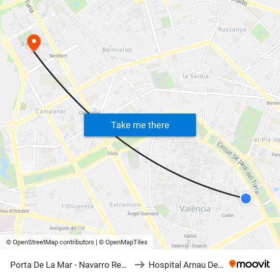 Porta De La Mar - Navarro Reverter (Parell) to Hospital Arnau De Vilanova map
