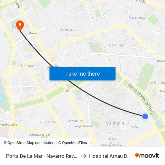 Porta De La Mar - Navarro Reverter (Imparell) to Hospital Arnau De Vilanova map