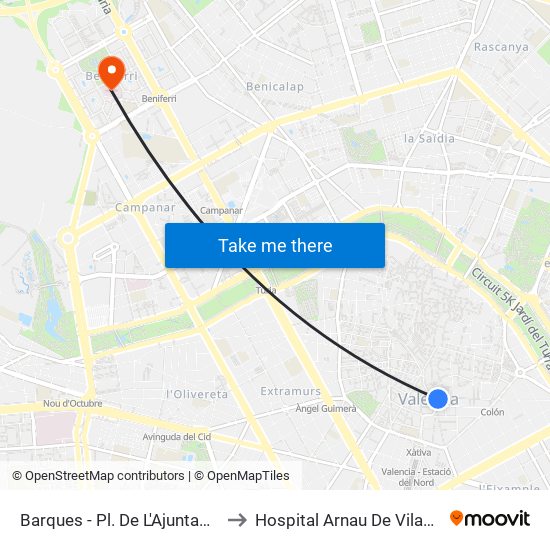Barques - Pl. De L'Ajuntament to Hospital Arnau De Vilanova map