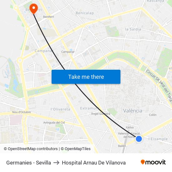 Germanies - Sevilla to Hospital Arnau De Vilanova map