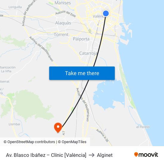 Av. Blasco Ibáñez – Clínic [València] to Alginet map