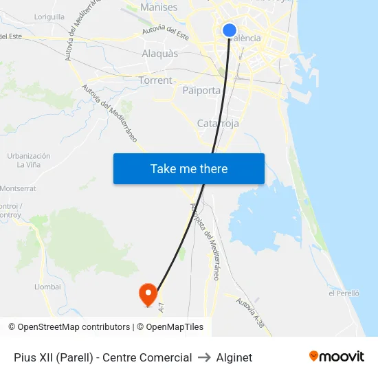 València. Pius XII (Parell) - Centre Comercial to Alginet map