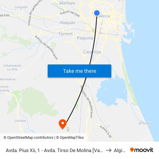 Avda. Pius Xii, 1 - Avda. Tirso De Molina [València] to Alginet map