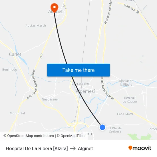 Hospital De La Ribera [Alzira] to Alginet map