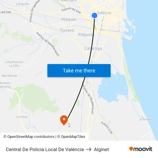 Central De Policia Local De València to Alginet map
