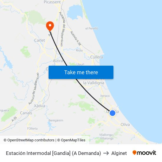 Estación Intermodal [Gandia] (A Demanda) to Alginet map