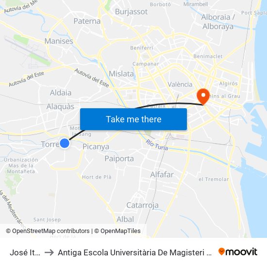José Iturbi to Antiga Escola Universitària De Magisteri Ausiàs March map