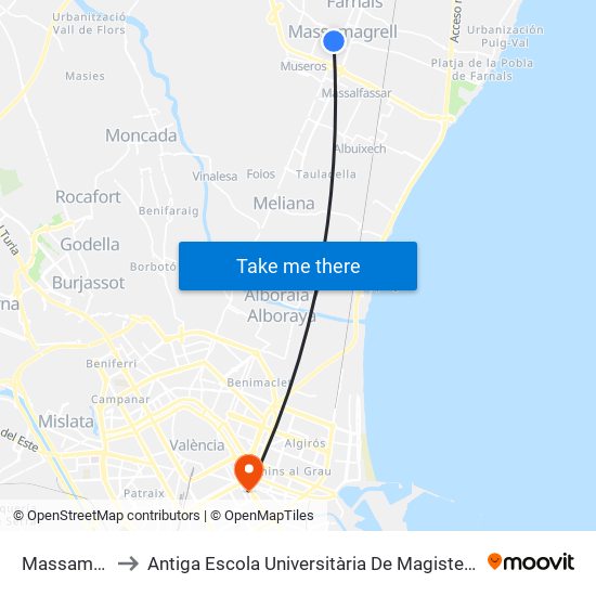 Massamagrell to Antiga Escola Universitària De Magisteri Ausiàs March map