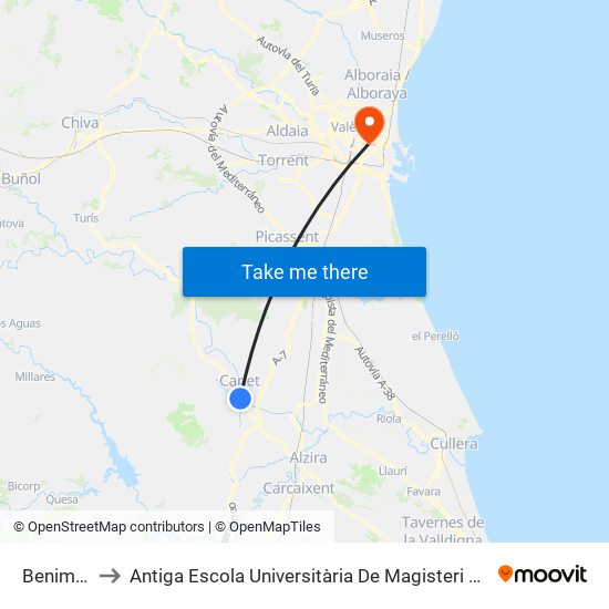 Benimodo to Antiga Escola Universitària De Magisteri Ausiàs March map