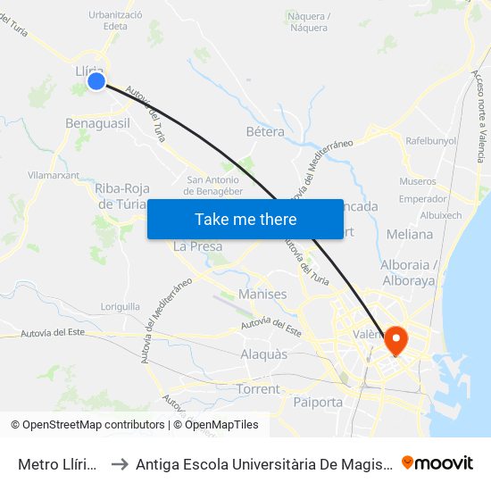 Metro Llíria [Llíria] to Antiga Escola Universitària De Magisteri Ausiàs March map