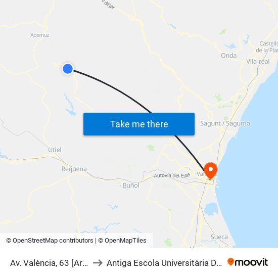 Av. València, 63 [Aras De Los Olmos] to Antiga Escola Universitària De Magisteri Ausiàs March map