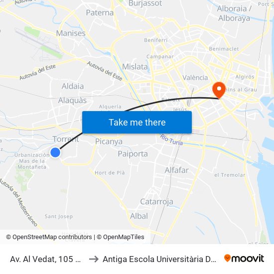 Av. Al Vedat, 105 – Metro [Torrent] to Antiga Escola Universitària De Magisteri Ausiàs March map