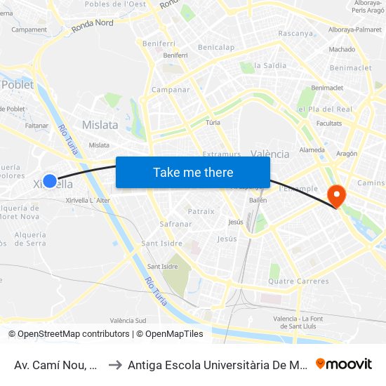Av. Camí Nou, 87 [Xirivella] to Antiga Escola Universitària De Magisteri Ausiàs March map