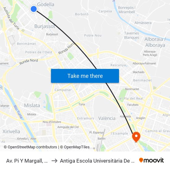 Av. Pi Y Margall, 62 [Burjassot] to Antiga Escola Universitària De Magisteri Ausiàs March map