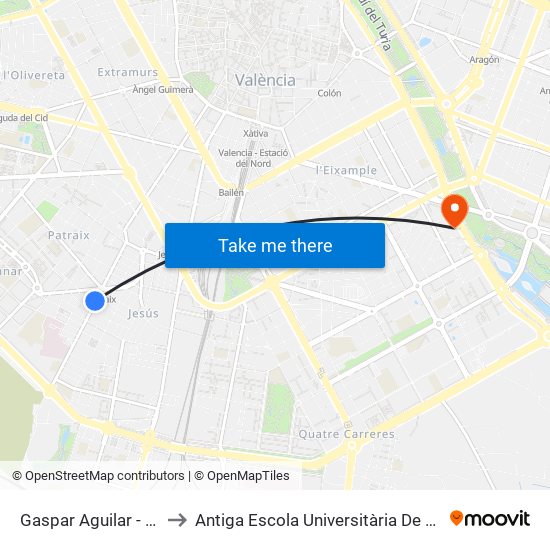 Gaspar Aguilar - Hidroeléctrica to Antiga Escola Universitària De Magisteri Ausiàs March map