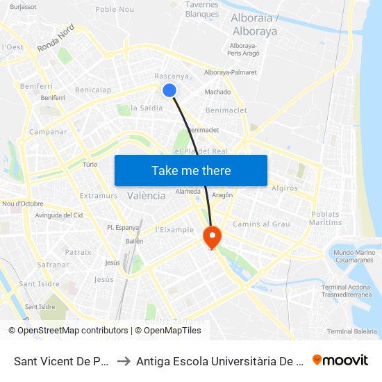 Sant Vicent De Paül - Peníscola to Antiga Escola Universitària De Magisteri Ausiàs March map