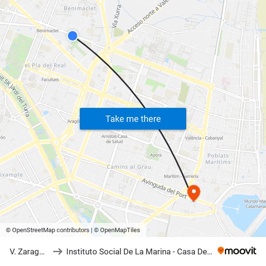 V. Zaragozá to Instituto Social De La Marina - Casa Del Mar map