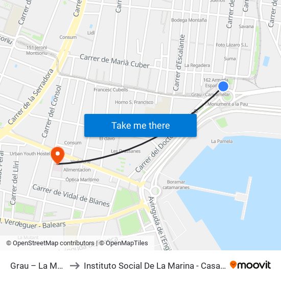 Grau – La Marina to Instituto Social De La Marina - Casa Del Mar map