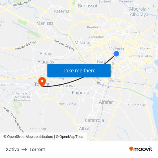 Xàtiva to Torrent map