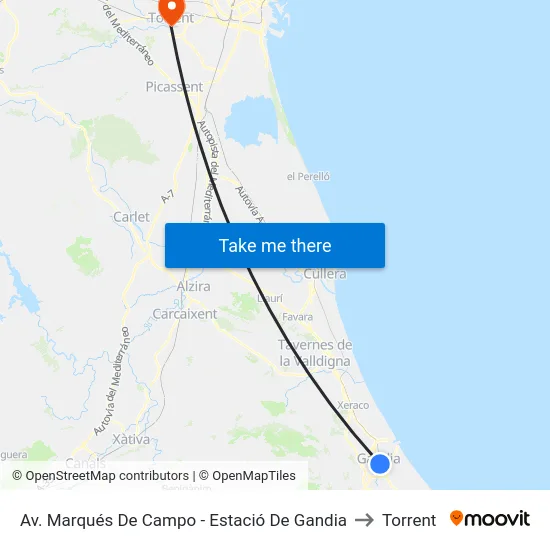 Av. Marqués De Campo - Estació De Gandia to Torrent map