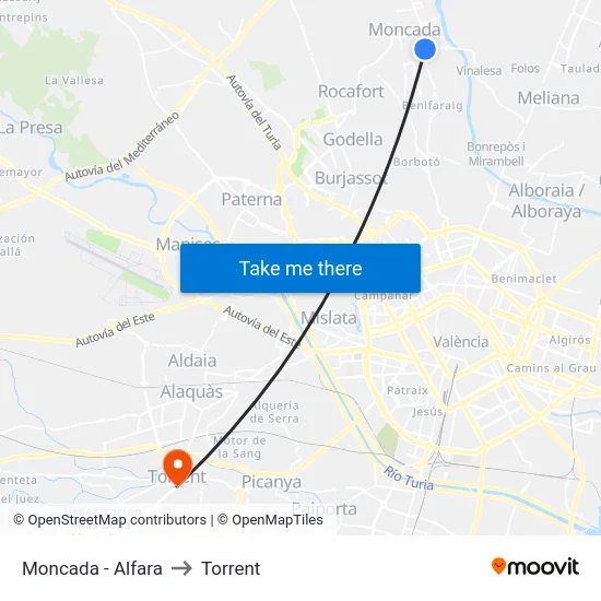 Moncada - Alfara to Torrent map