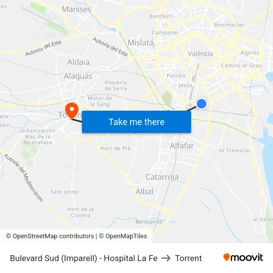Bulevard Sud (Imparell) - Hospital La Fe to Torrent map