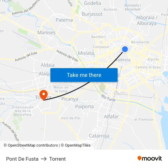 Pont De Fusta to Torrent map